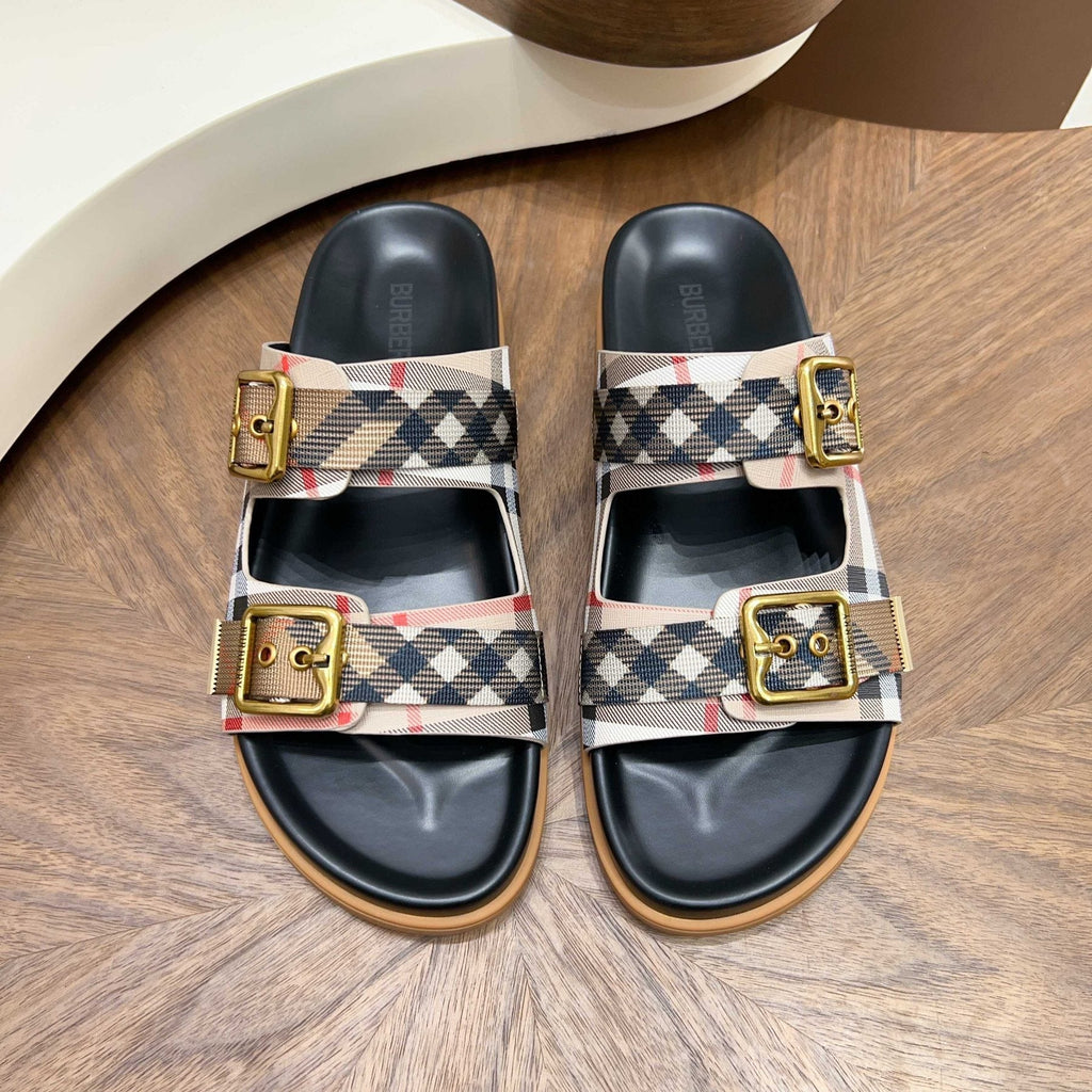 Burberry Plaid Buckle Slide Sandals - Cross Straps